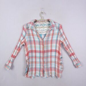 Soft Surroundings Lani Shores Button Front Shirt Plus Size 1X Coral Plaid